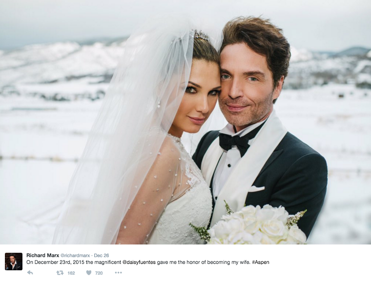 Daisy Fuentes and Richard Marx have taken to social media to share snaps of their snowy Aspen wedding. Image: Richard Marx via Twitter